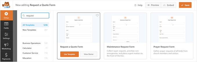 WPForms' Request a Quote template