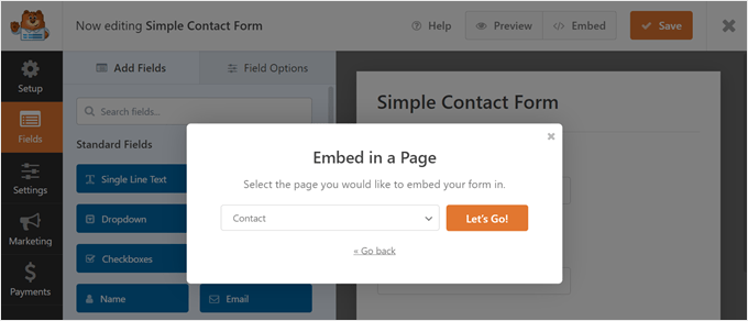 Choosing an existing page to add a WPForms form to