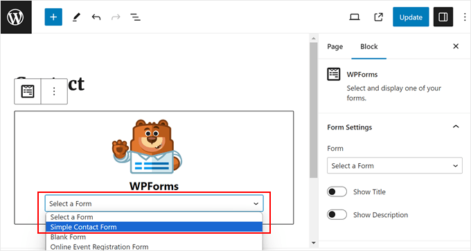 Select a WPForms form to insert in the block editor