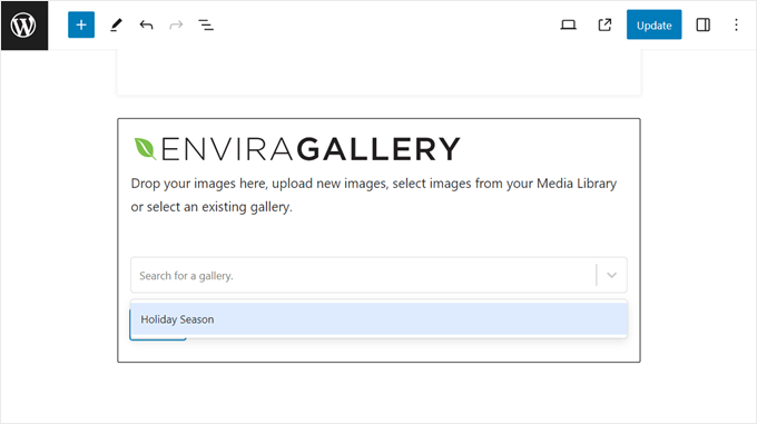 Choosing a gallery to insert in the Envira Gallery block