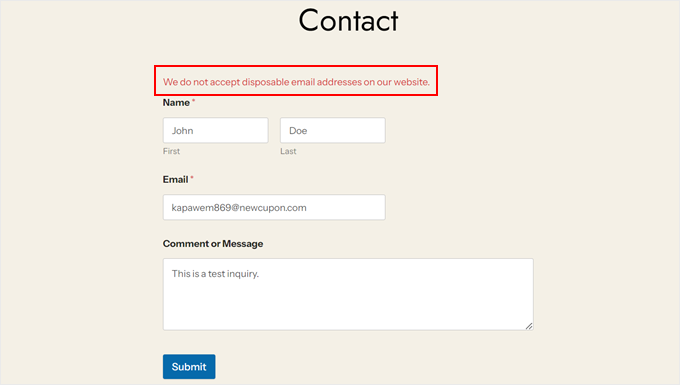Testing the Clearout plugin in a WPForms contact form