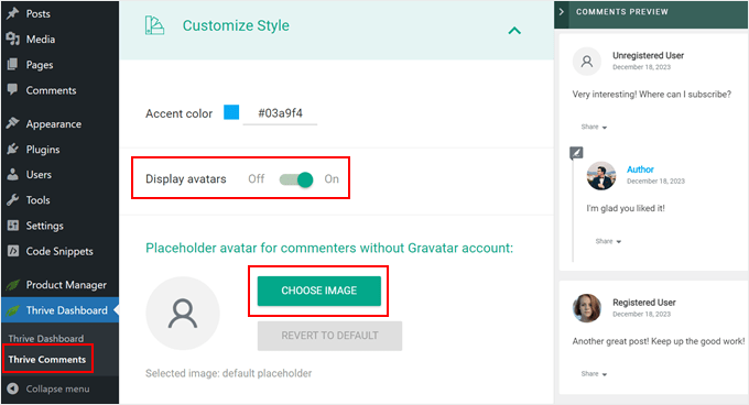 Choosing a custom gravatar in Thrive Comments