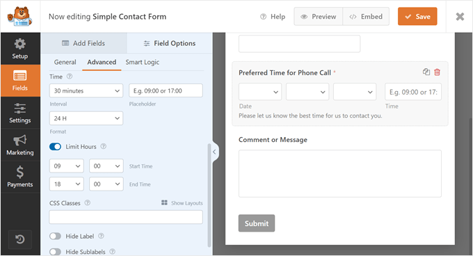 Configuring the advanced settings of the time picker field in WPForms
