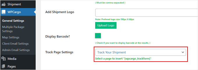 Choosing a page for customers to track shipments in WPCargo
