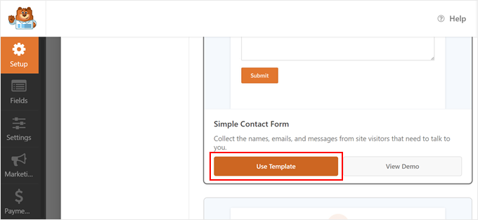 Clicking the Use Template button in WPForms