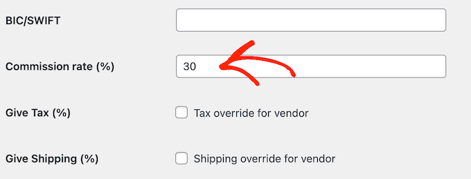 Setting the commission rate for individual vendors