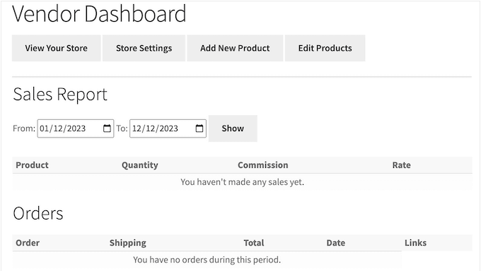 An example of a vendor dashboard on a WooCommerce store