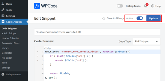 Activating the Disable Website URL Comment Form code snippet in WPCode