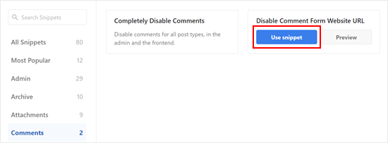 Clicking 'Use snippet' in the Disable Comment Form Website URL code snippet in WPCode