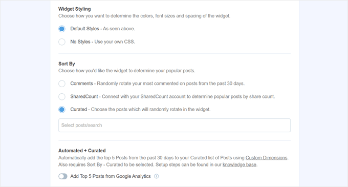 Some of the popular posts widget's behavior settings in MonsterInsights