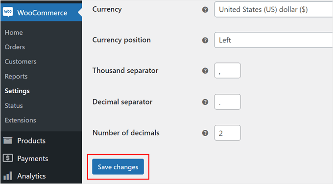 Clicking Save changes in WooCommerce