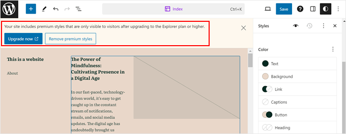 WordPress.com's notification about upgrading to a higher plan to use a premium theme style