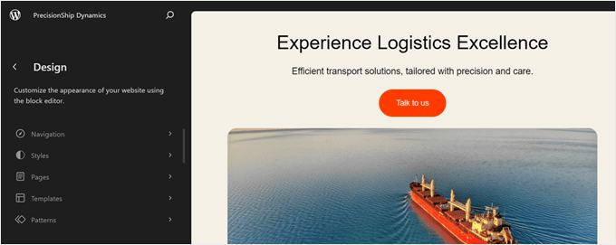 Using the WordPress Full Site Editor to edit a transportation and logistics website