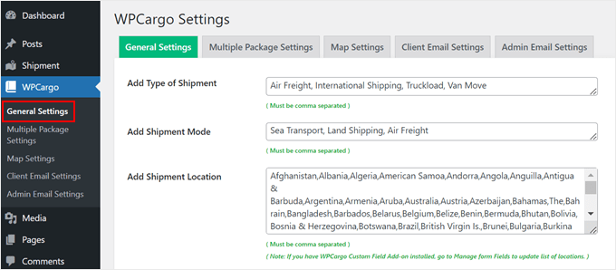 WPCargo's general settings