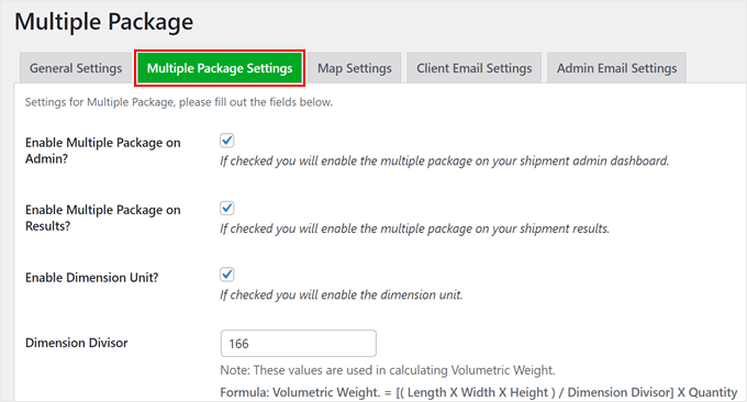 WPCargo's multiple package settings