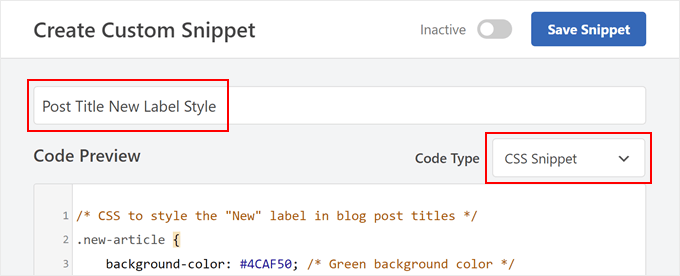 إنشاء رمز CSS لتخصيص تسمية النشر الجديدة في WPCode