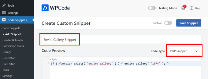 Inserting the Envira Gallery template tag in WPCode