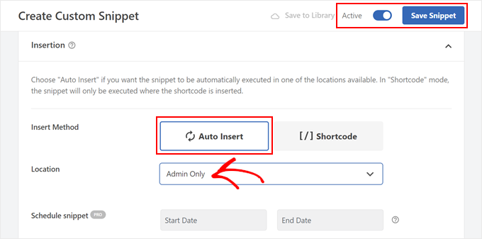 Choosing Auto Insert and Admin Only in WPCode