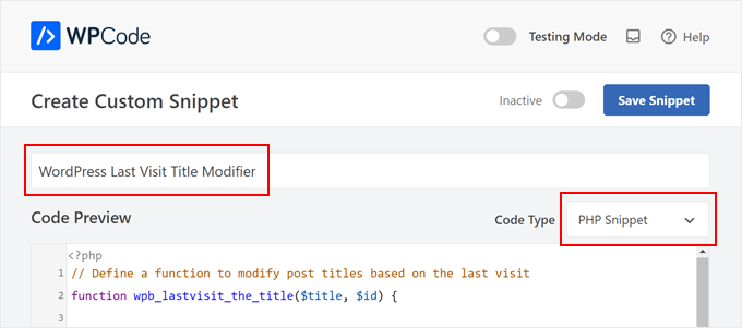 Giving the custom code snippet a title and selecting the PHP code type in WPCode