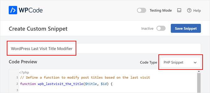 إعطاء عنوان لمقتطف التعليمات البرمجية المخصص وتحديد نوع كود PHP في WPCode