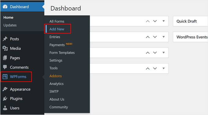 Clicking Add New in WPForms inside the WordPress admin panel