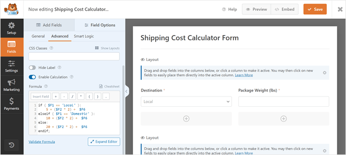 Creating a shipping cost calculator in WPForms