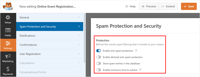 WPForms' Spam Protection features