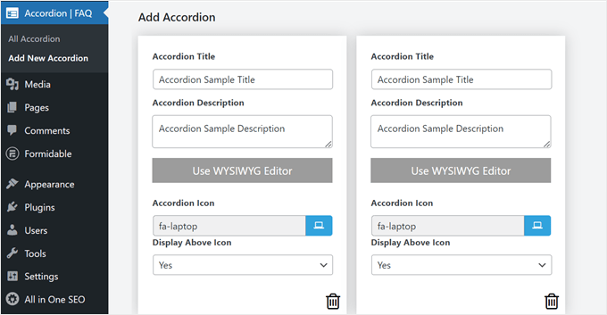 WPShopSmart's Accordion plugin interface in the admin area