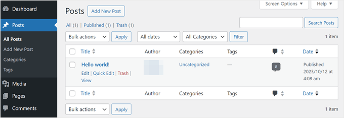 The WordPress Posts interface in the WordPress admin area