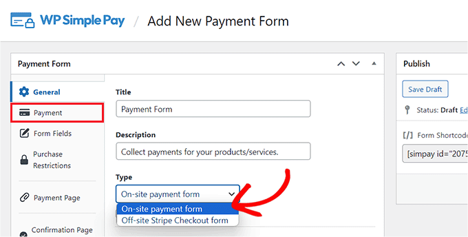 Add a name for your form and switch to the Payment tab