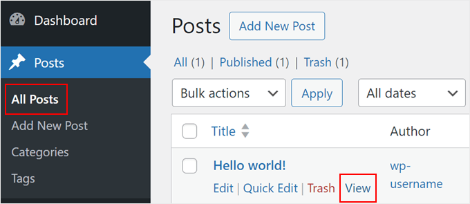 Clicking View under a post in WordPress