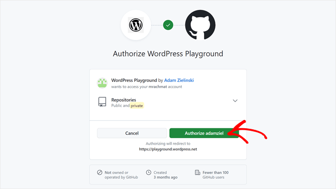 Authorizing WordPress Playground to have access over your GitHub 