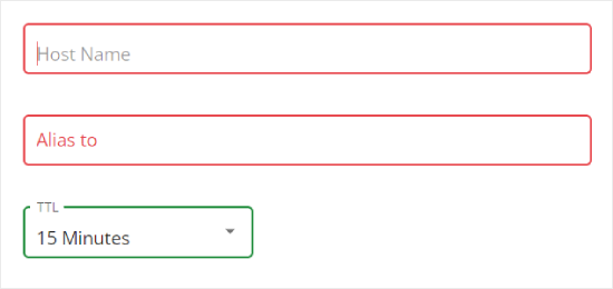 The Host Name, Alias, and TTL fields when adding a new DNS record in Bluehost