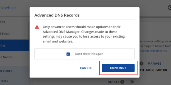 The Advanced DNS Records warning message in Bluehost