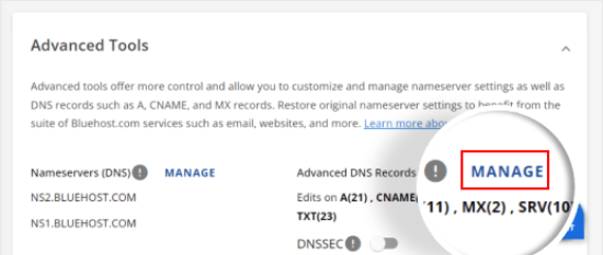 Clicking Manage in Bluehost to open the Advanced DNS Records Manager