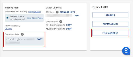 Accessing a website's file manager in Bluehost