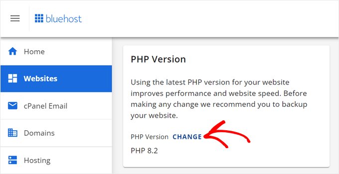 Clicking the Change button in Bluehost to update a website's PHP version