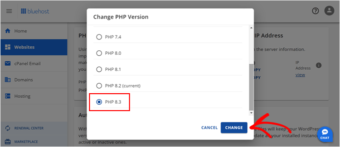 Selecting a PHP version to update to in Bluehost