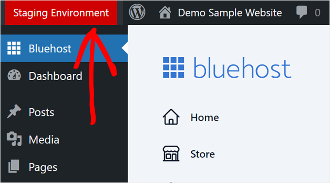 The Staging Environment label in the WordPress admin area when editing a Bluehost staging site