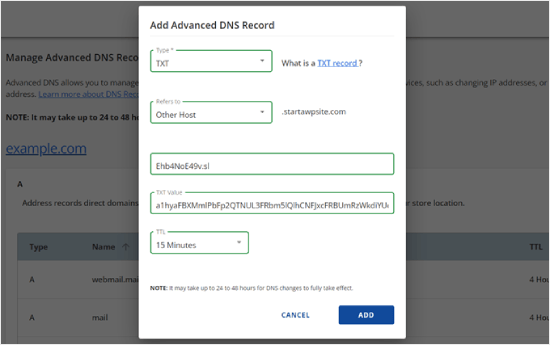 Adding a TXT record in Bluehost