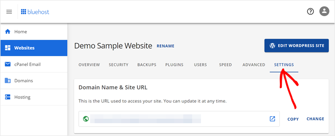 Opening the Settings tab inside the Websites menu in Bluehost
