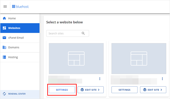 Accessing the Bluehost website settings page