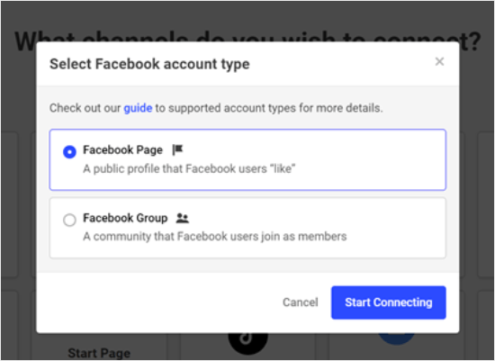 Choosing a Facebook account page to connect to Buffer