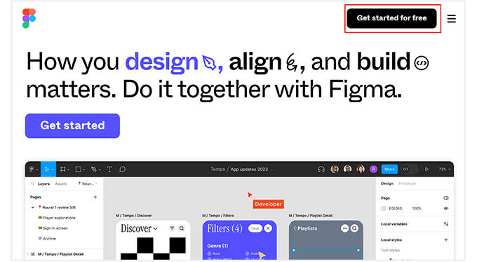 Click Get started for free button on Figma