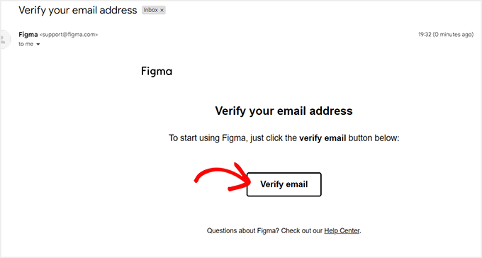 Click Verify Email button to verify your email account for Figma