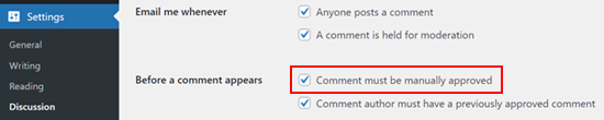 Comment must be manually approved setting in WordPress