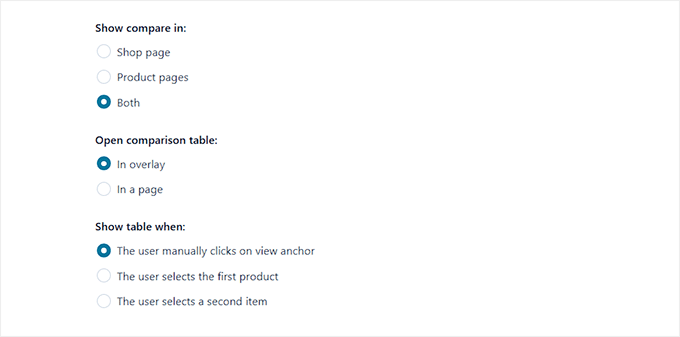 比較テーブルの設定を構成する