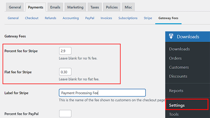 Configure the gateway fees