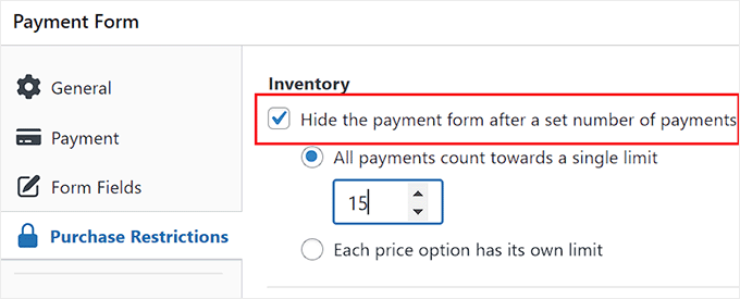 Configure the purchase restrictions to prevent overselling with your payment form