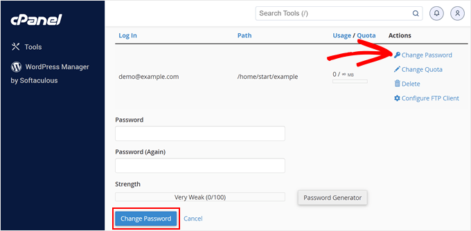 Changing an FTP account password in Bluehost's cPanel